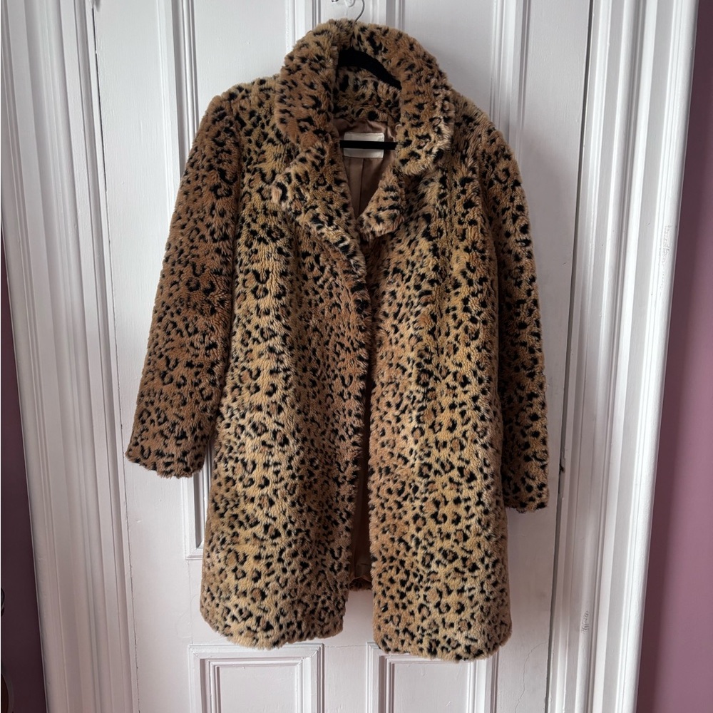 Women’s Vintage Penmans Leopard Print Faux Fur Clip Front Lined Pockets Coat S